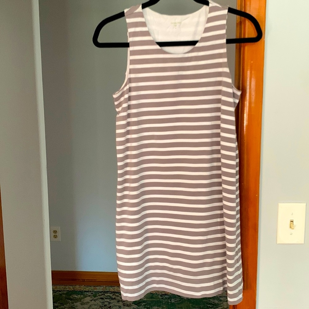 Garnet Hill XS summer dress; grey/tan and white stripes